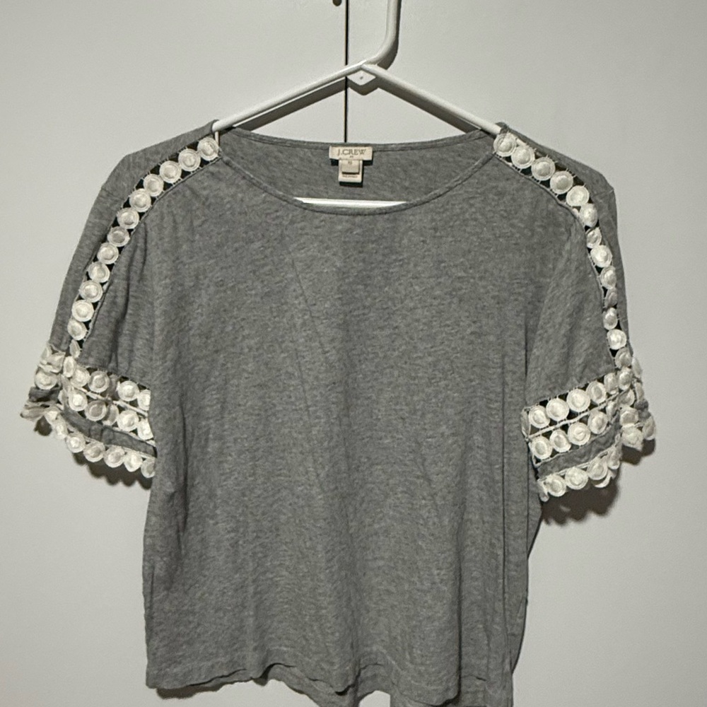 J. Crew Heather Gray Top with White Floral Trim